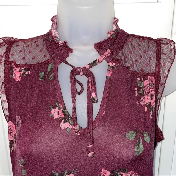 Burgundy Floral Lace Mesh Tie Neck Sleeveless - Picture 4 of 11